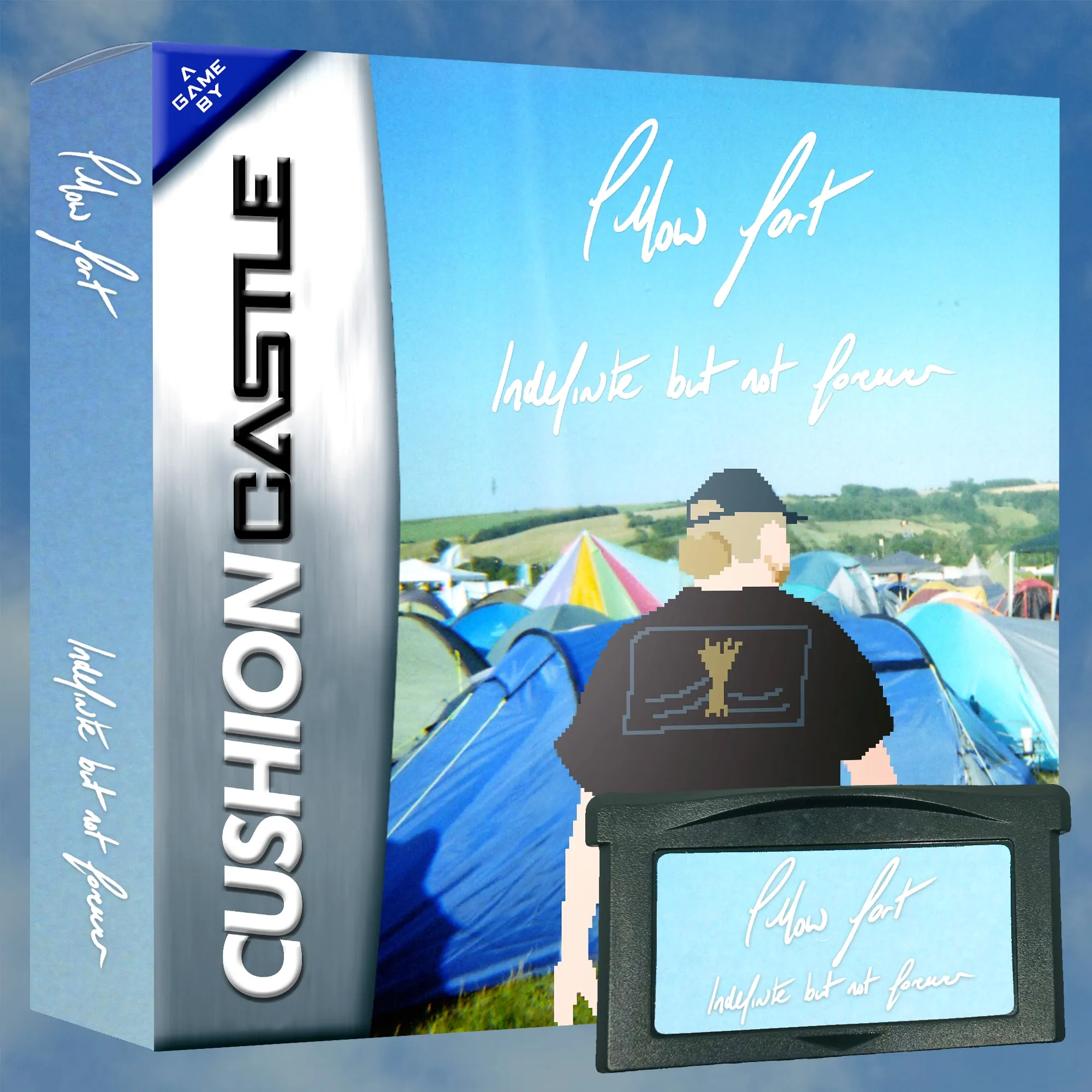 Game Boy Advance-style boxed game reading “Cushion Castle”, decorated with the Pillow Fort album artwork